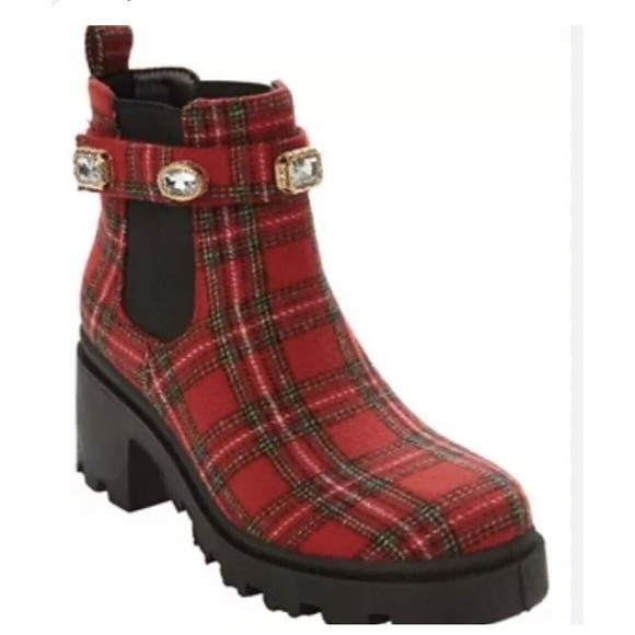 SUGAR-Favorite Red Black Plaid Rhinestone Chunky Heel Chelsea Ankle Boot - Picture 6 of 16